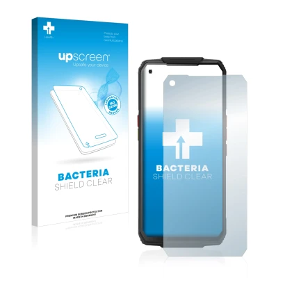 Face avant d’un emballage produit avec le logo de la marque upscreen. À côté, l’appareil Oukitel WP7 est représenté avec la pr