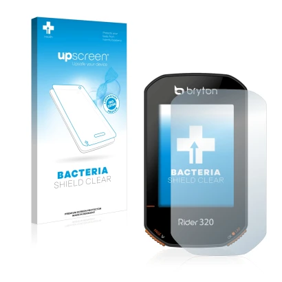 Face avant d’un emballage produit avec le logo de la marque upscreen. À côté, l’appareil Bryton Rider 320 est représenté avec 