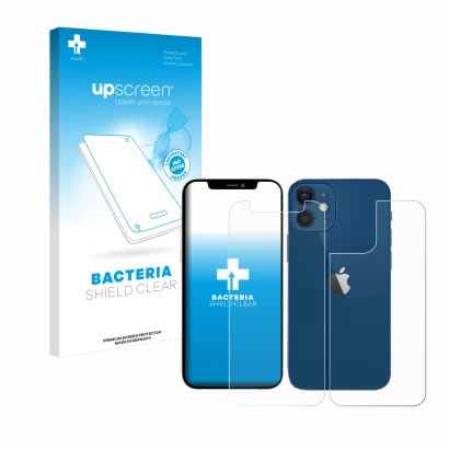 Face avant d’un emballage produit avec le logo de la marque upscreen. À côté, l’appareil Apple iPhone 12 mini (Avant+Arrière) 