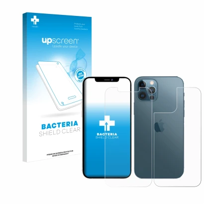 Face avant d’un emballage produit avec le logo de la marque upscreen. À côté, l’appareil Apple iPhone 12 Pro Max (Avant+Arrièr