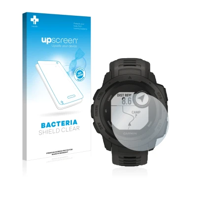 Face avant d’un emballage produit avec le logo de la marque upscreen. À côté, l’appareil Garmin Instinct Solar est représenté 