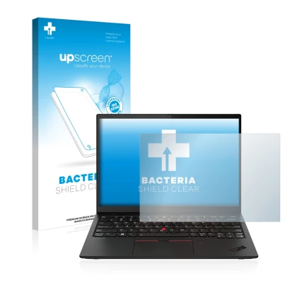 Face avant d’un emballage produit avec le logo de la marque upscreen. À côté, l’appareil Lenovo ThinkPad X1 Nano est représent