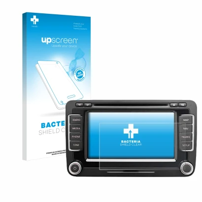 Face avant d’un emballage produit avec le logo de la marque upscreen. À côté, l’appareil Volkswagen Eos 2011 RNS 510 6.5" est 