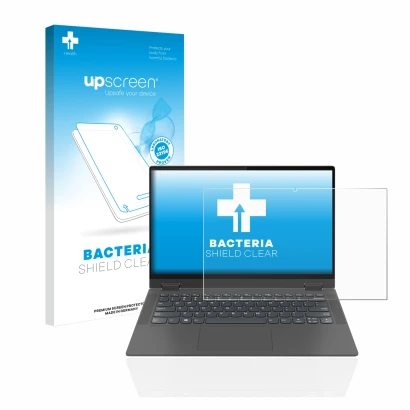 Face avant d’un emballage produit avec le logo de la marque upscreen. À côté, l’appareil Lenovo IdeaPad Flex 5 14" 2020 est re