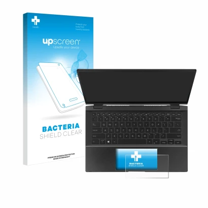 Face avant d’un emballage produit avec le logo de la marque upscreen. À côté, l’appareil ASUS ZenBook Flip 14 UX463FA (Touch T