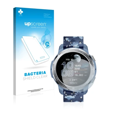 Face avant d’un emballage produit avec le logo de la marque upscreen. À côté, l’appareil Honor Watch GS Pro est représenté ave