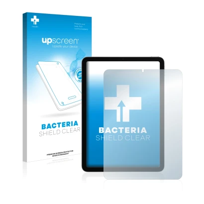 Face avant d’un emballage produit avec le logo de la marque upscreen. À côté, l’appareil Apple iPad Air 4 2020 (4ème Gen.) est