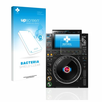 Face avant d’un emballage produit avec le logo de la marque upscreen. À côté, l’appareil Pioneer CDJ 3000 est représenté avec 