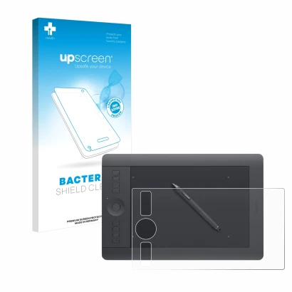 Face avant d’un emballage produit avec le logo de la marque upscreen. À côté, l’appareil Wacom Intuos Pro S PTH-460 est représ