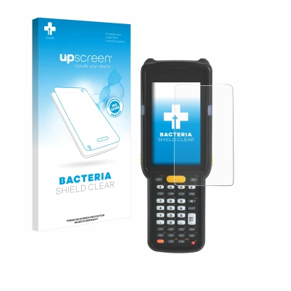 Face avant d’un emballage produit avec le logo de la marque upscreen. À côté, l’appareil Zebra MC330L est représenté avec la p