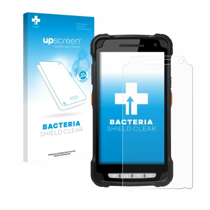 Face avant d’un emballage produit avec le logo de la marque upscreen. À côté, l’appareil Point Mobile PM90 est représenté avec