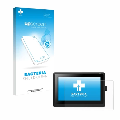 Face avant d’un emballage produit avec le logo de la marque upscreen. À côté, l’appareil Wacom Cintiq 16 est représenté avec l