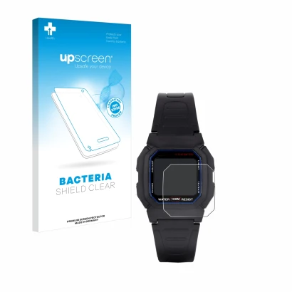 Face avant d’un emballage produit avec le logo de la marque upscreen. À côté, l’appareil Casio W-800H-1AVES est représenté ave