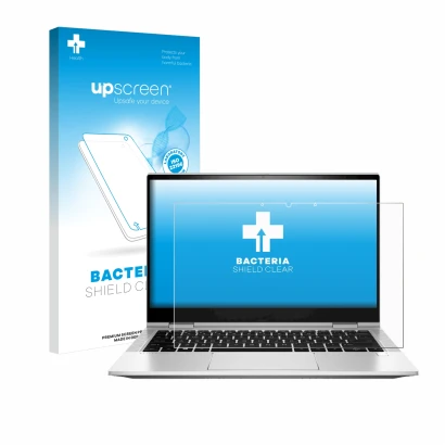 Face avant d’un emballage produit avec le logo de la marque upscreen. À côté, l’appareil HP EliteBook x360 830 G8 est représen