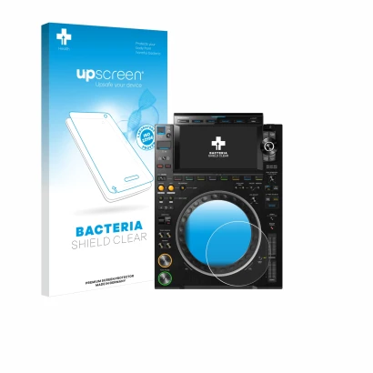 Face avant d’un emballage produit avec le logo de la marque upscreen. À côté, l’appareil Pioneer CDJ 3000 (Cercle) est représe