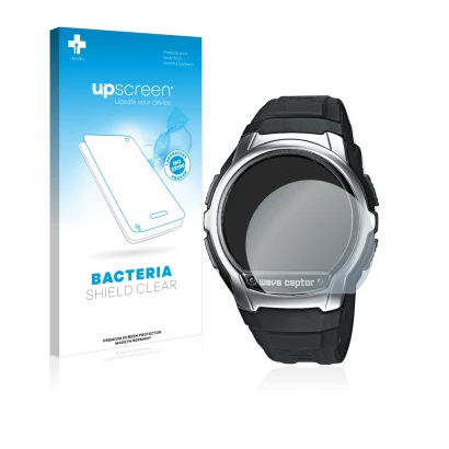 Face avant d’un emballage produit avec le logo de la marque upscreen. À côté, l’appareil Casio Wave Ceptor WV-58 est représent