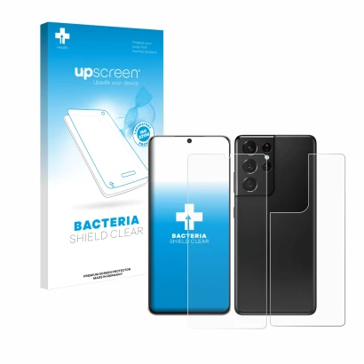 Face avant d’un emballage produit avec le logo de la marque upscreen. À côté, l’appareil Samsung Galaxy S21 Ultra 5G (Avant+Ar