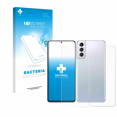 Face avant d’un emballage produit avec le logo de la marque upscreen. À côté, l’appareil Samsung Galaxy S21 Plus 5G (Avant+Arr