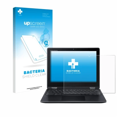 Face avant d’un emballage produit avec le logo de la marque upscreen. À côté, l’appareil Acer Chromebook Spin 512 est représen