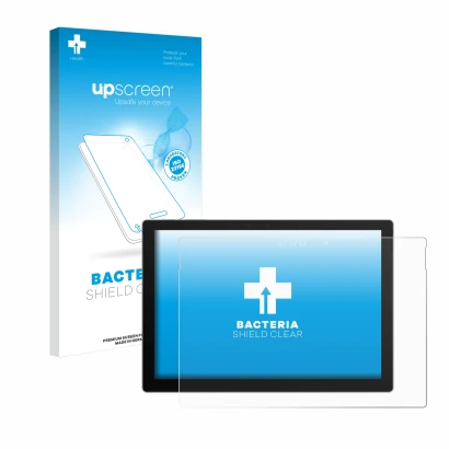 Face avant d’un emballage produit avec le logo de la marque upscreen. À côté, l’appareil Microsoft Surface Pro 7 Plus est repr