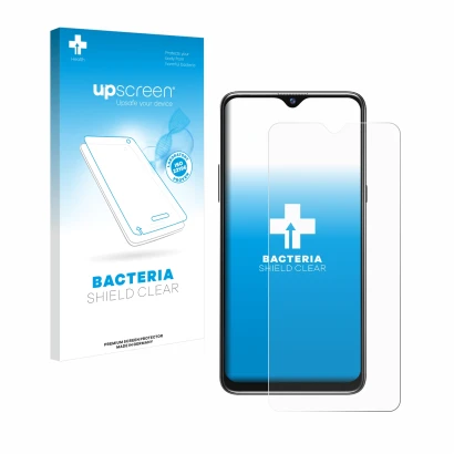 Face avant d’un emballage produit avec le logo de la marque upscreen. À côté, l’appareil Blackview A80s est représenté avec la