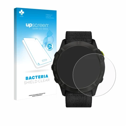 Face avant d’un emballage produit avec le logo de la marque upscreen. À côté, l’appareil Garmin Enduro est représenté avec la 