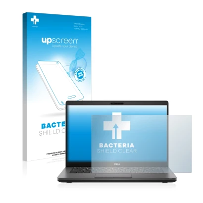 Face avant d’un emballage produit avec le logo de la marque upscreen. À côté, l’appareil Dell Latitude 5410 est représenté ave