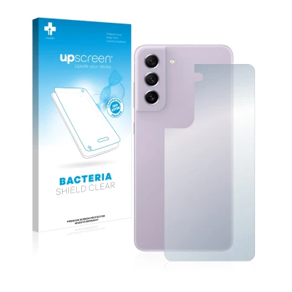 Face avant d’un emballage produit avec le logo de la marque upscreen. À côté, l’appareil Samsung Galaxy S21 FE 5G (Arrière) es