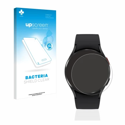 Face avant d’un emballage produit avec le logo de la marque upscreen. À côté, l’appareil Samsung Galaxy Watch 4 (40mm) est rep