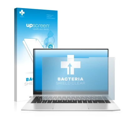 Face avant d’un emballage produit avec le logo de la marque upscreen. À côté, l’appareil HP Elitebook x360 1040 G7 est représe