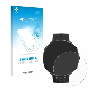 Face avant d’un emballage produit avec le logo de la marque upscreen. À côté, l’appareil Polar Vantage M2 est représenté avec 