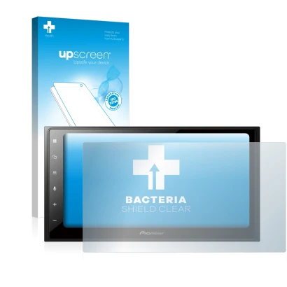 Face avant d’un emballage produit avec le logo de la marque upscreen. À côté, l’appareil Pioneer SPH-DA250DAB est représenté a
