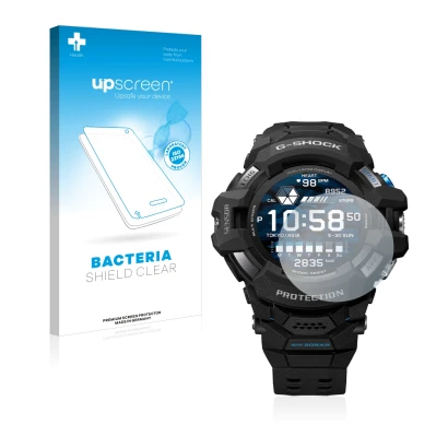 Face avant d’un emballage produit avec le logo de la marque upscreen. À côté, l’appareil Casio G-Shock GSW-H1000 est représent