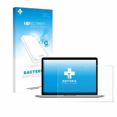 Face avant d’un emballage produit avec le logo de la marque upscreen. À côté, l’appareil Apple MacBook Pro 13" M1 2020 est rep