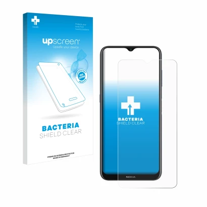Face avant d’un emballage produit avec le logo de la marque upscreen. À côté, l’appareil Nokia G20 est représenté avec la prot