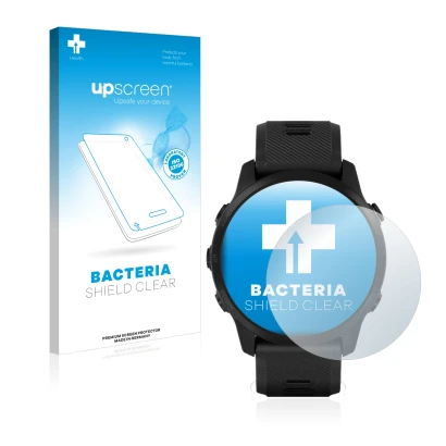 Face avant d’un emballage produit avec le logo de la marque upscreen. À côté, l’appareil Garmin Forerunner 945 LTE est représe