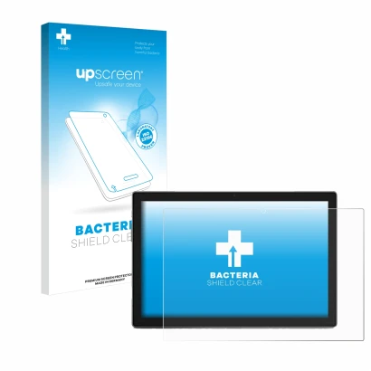 Face avant d’un emballage produit avec le logo de la marque upscreen. À côté, l’appareil Blackview Tab 9 est représenté avec l