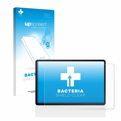 Face avant d’un emballage produit avec le logo de la marque upscreen. À côté, l’appareil Samsung Galaxy Tab S7 FE (en paysage)