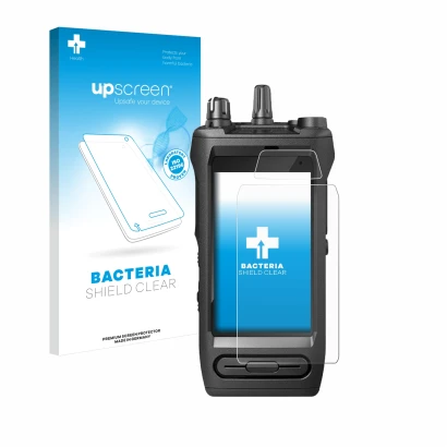 Face avant d’un emballage produit avec le logo de la marque upscreen. À côté, l’appareil Motorola Mototrbo Ion est représenté 