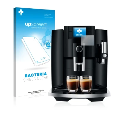 Face avant d’un emballage produit avec le logo de la marque upscreen. À côté, l’appareil Jura E8 (EB) est représenté avec la p