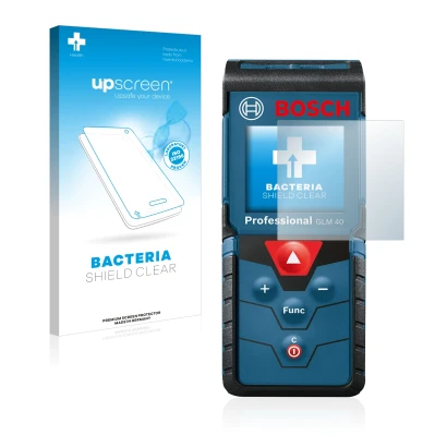 Face avant d’un emballage produit avec le logo de la marque upscreen. À côté, l’appareil Bosch GLM 40 Professional est représe