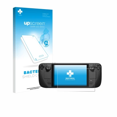 Face avant d’un emballage produit avec le logo de la marque upscreen. À côté, l’appareil Valve Steam Deck est représenté avec 