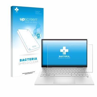 Face avant d’un emballage produit avec le logo de la marque upscreen. À côté, l’appareil HP Pavilion x360 (14-dyX) est représe
