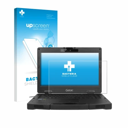 Face avant d’un emballage produit avec le logo de la marque upscreen. À côté, l’appareil Getac S410 est représenté avec la pro