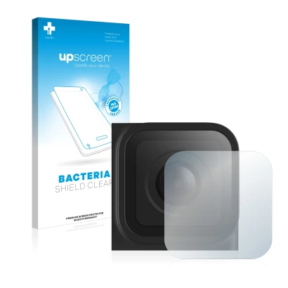 Face avant d’un emballage produit avec le logo de la marque upscreen. À côté, l’appareil GoPro Hero 10 Black Lentille (Caisse)