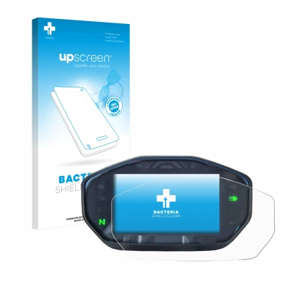 Face avant d’un emballage produit avec le logo de la marque upscreen. À côté, l’appareil Ducati Monster / Monster + 2021 est r