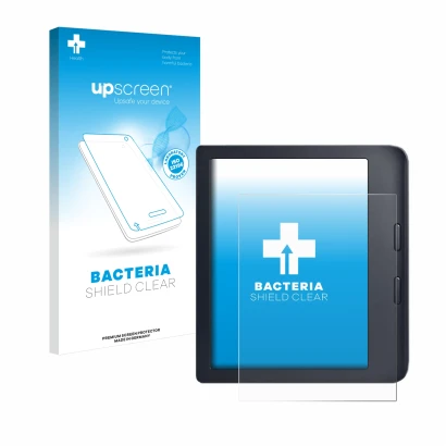 Face avant d’un emballage produit avec le logo de la marque upscreen. À côté, l’appareil Kobo Libra 2 est représenté avec la p