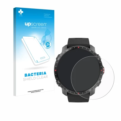 Face avant d’un emballage produit avec le logo de la marque upscreen. À côté, l’appareil Polar Grit X Pro est représenté avec 