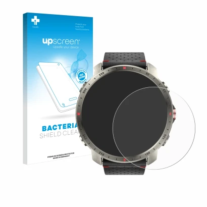 Face avant d’un emballage produit avec le logo de la marque upscreen. À côté, l’appareil Polar Grit X Pro Titan est représenté