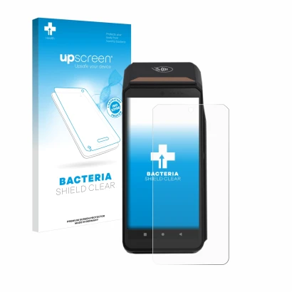 Face avant d’un emballage produit avec le logo de la marque upscreen. À côté, l’appareil ingenico Axium DX8000 est représenté